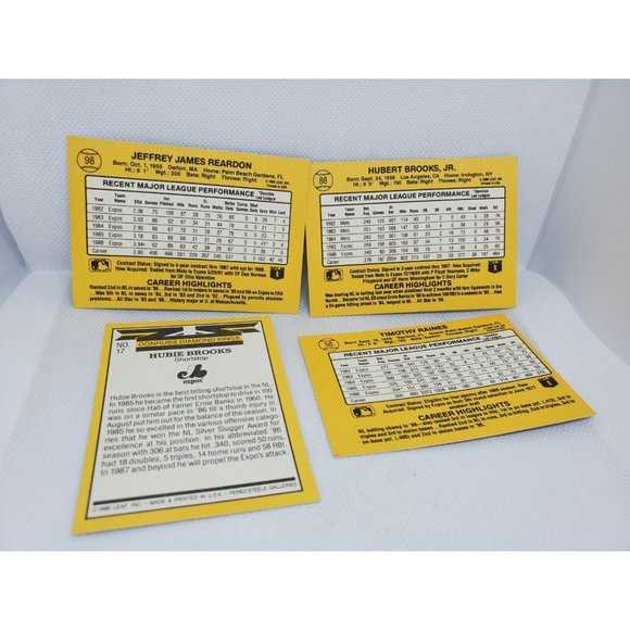 Donruss 87 Jeff Reardon, Tim Raines Hubie Brooks Expos 4 Baseball Card Bundle - Picture 2 of 10